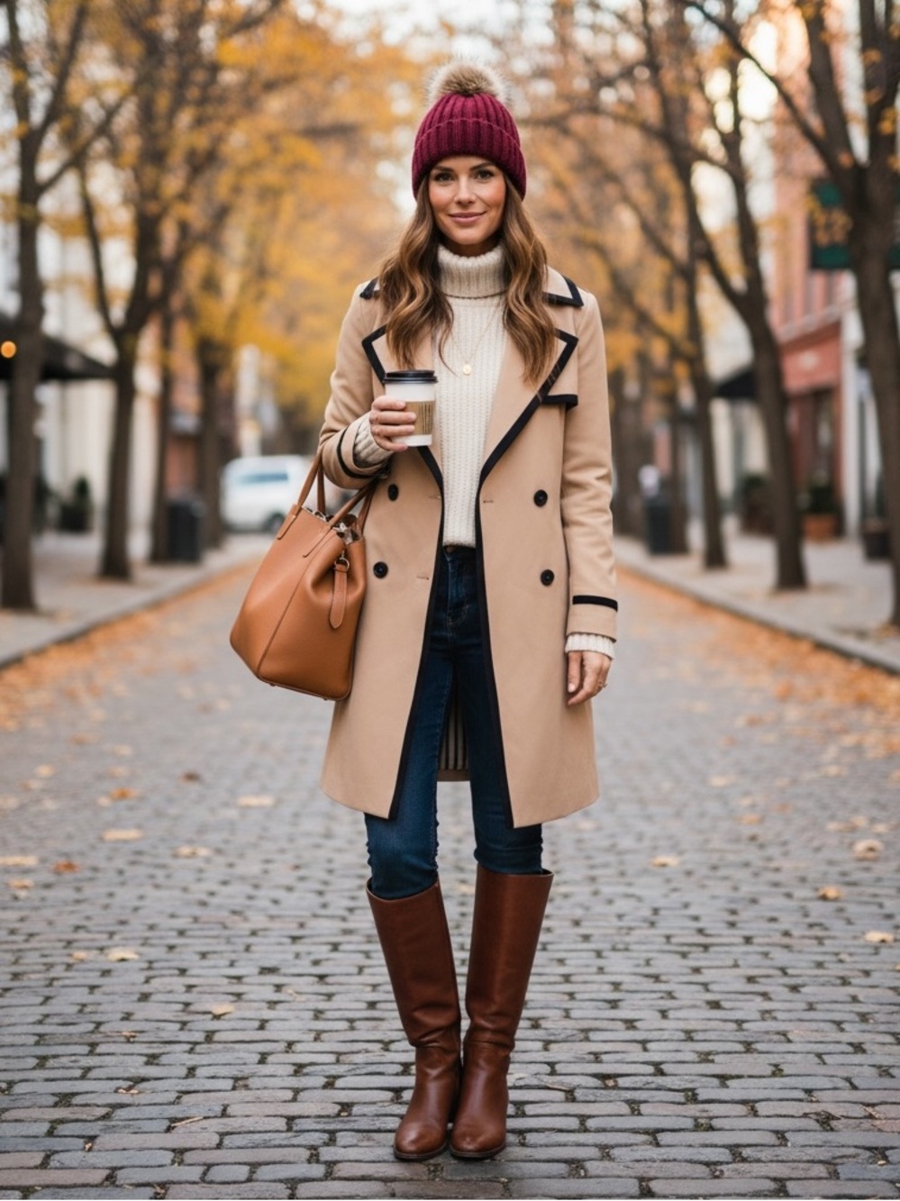 Macy’s Bar III Beige Trench Coat with Burgundy Beanie